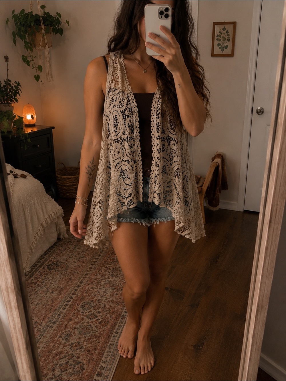 Boho Crochet Lace Open Vest - Cream